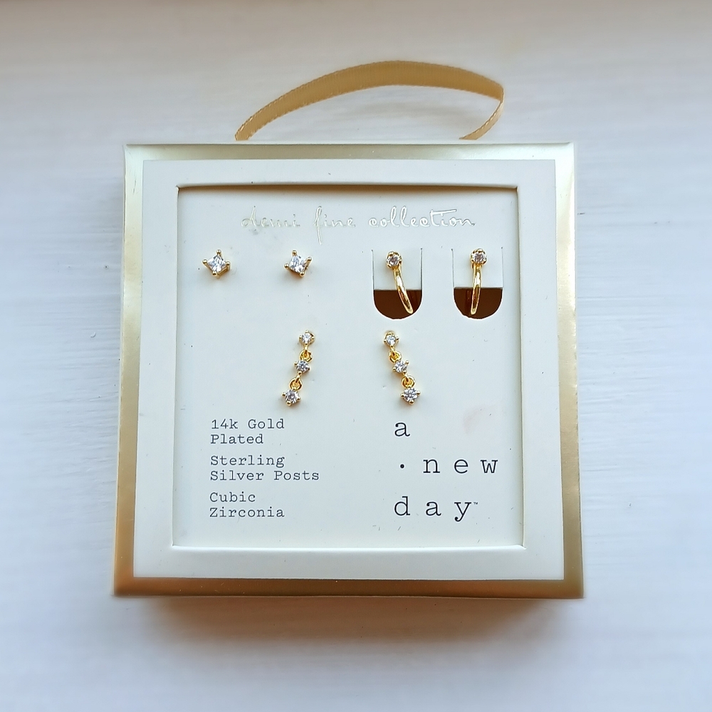 14k Gold Plated Cubic Zirconia Earrings 3 Set
